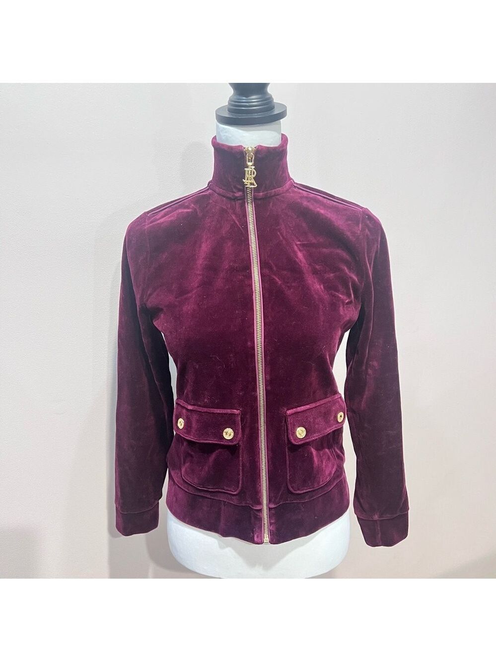 Lauren Ralph Lauren Velvet Jacket Women's Petite XS Burgundy Full Zip Y2K Preppy
